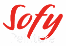 Logo Sofy Peinture: 'Sofy' rouge script, 'Peinture' blanc sur fond noir.