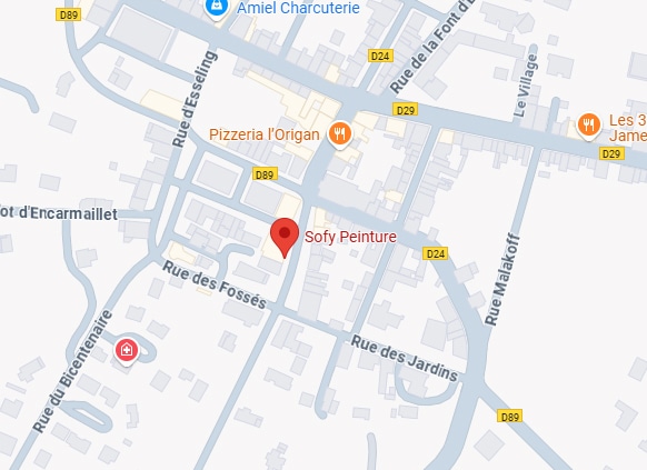 Carte indiquant l'emplacement de Sofy Peinture, marqué par une épingle rouge, près de la Rue des Fossés et Rue des Jardins.